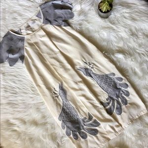 A.D. Moon Silky Peacock Print Feather Sleeve Dress